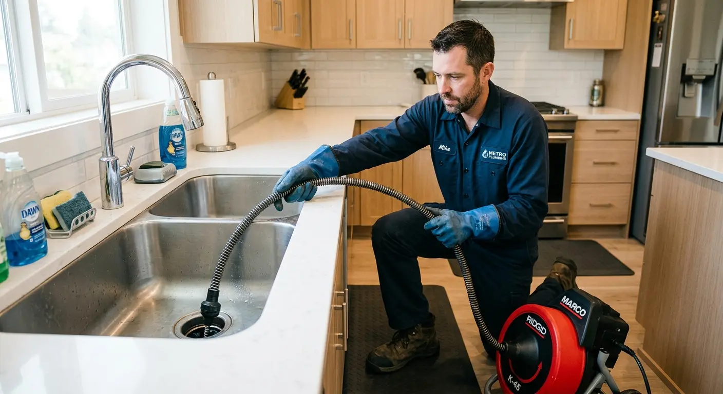 Drain cleaning technician using a motorized snake on a kitchen sink in Brighton