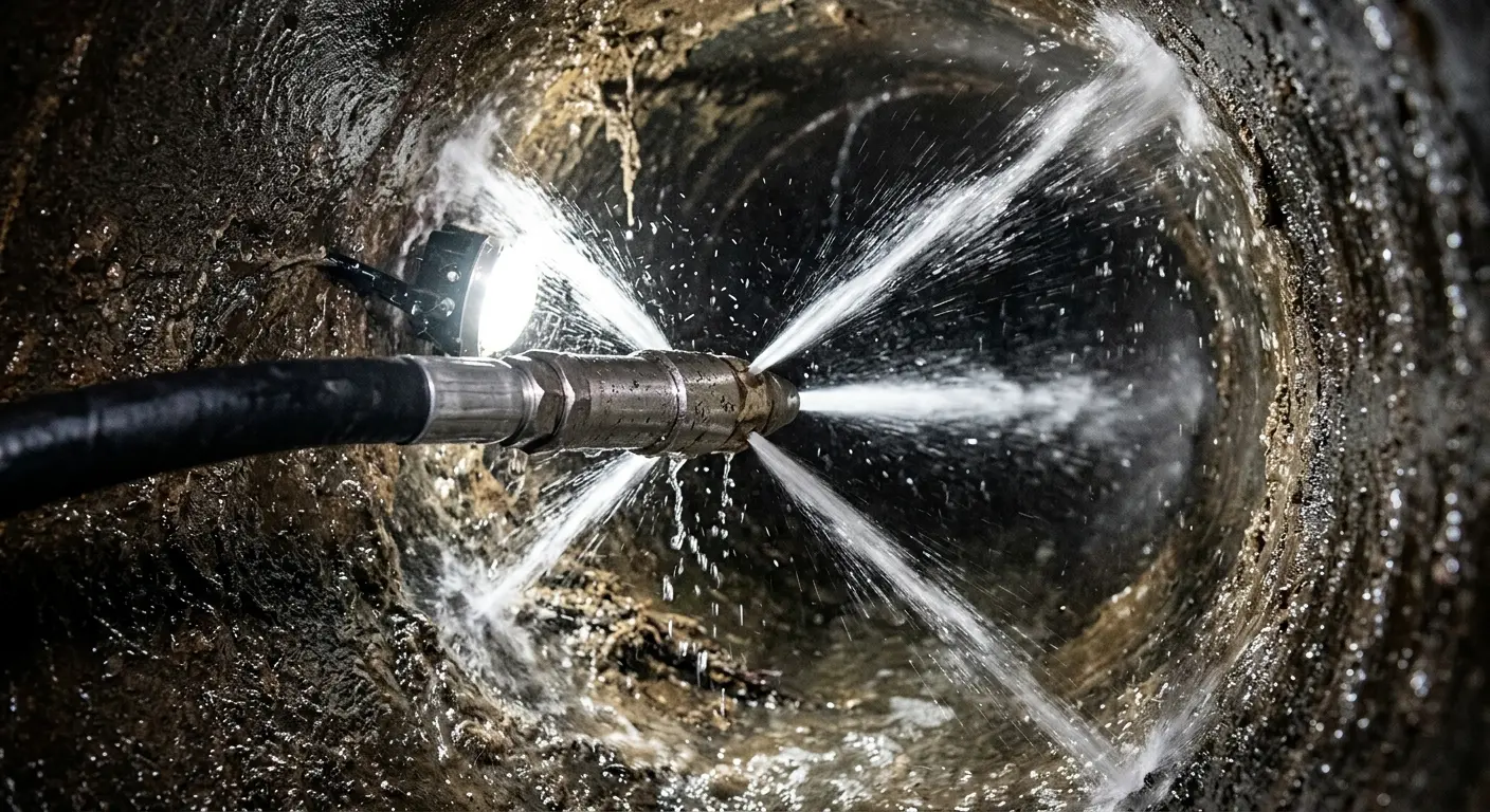 High-pressure hydro jetting nozzle cleaning sewer pipe for Sewer Line Relining in Brighton