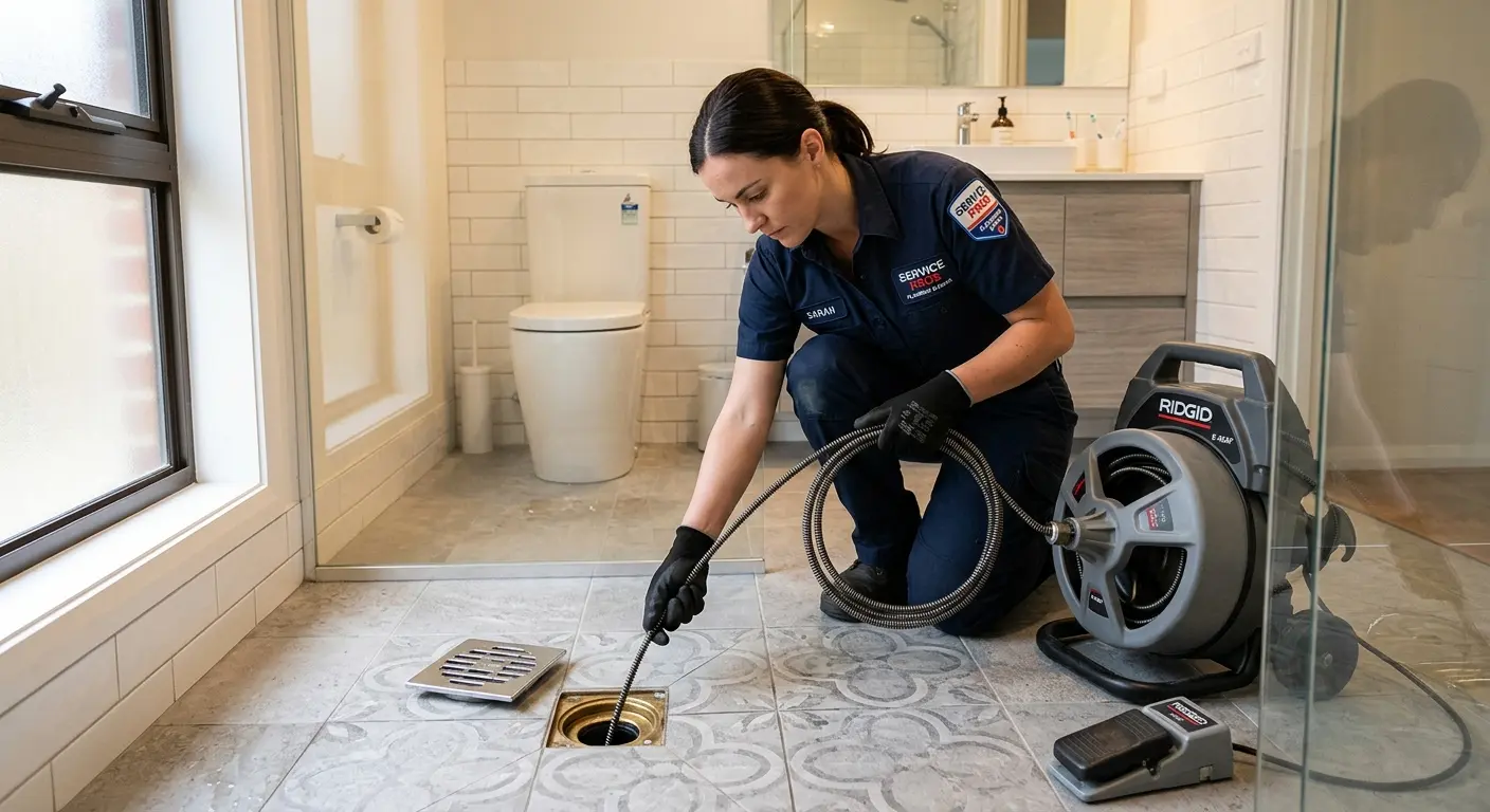 Technician clearing a bathroom floor drain for Drain Cleaning in Brighton